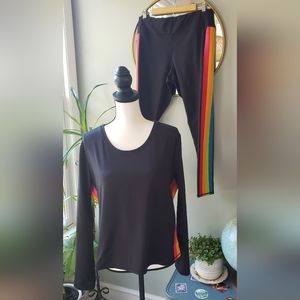 New York & Company Black Multi Color Stripe Athleisure Top & Leggings Size XL